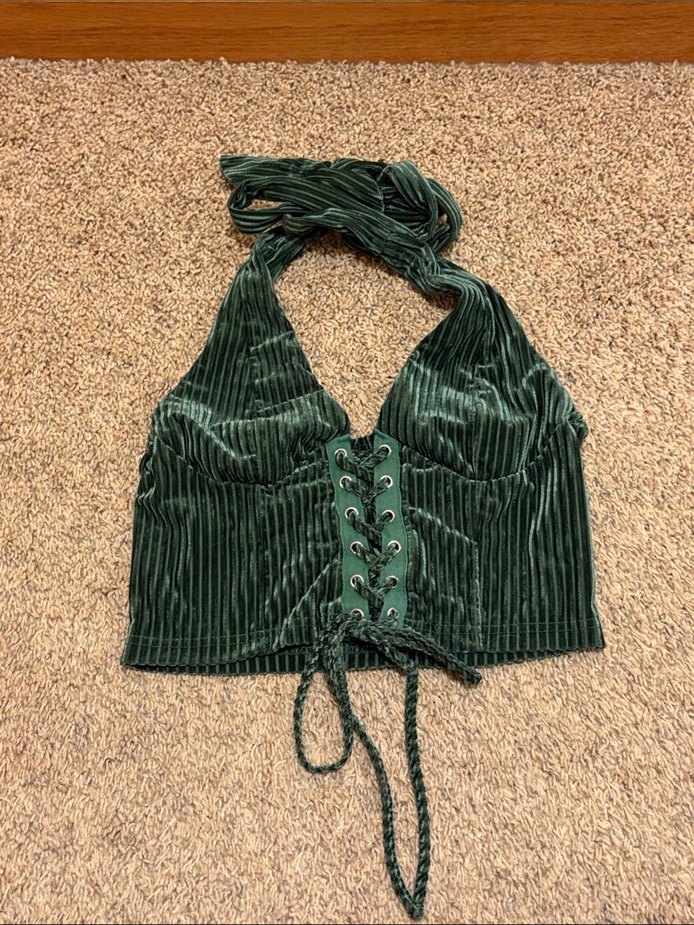 Velvet Lace-Up Halter Crop Top - Dark Green